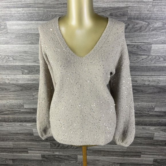 ANN TAYLOR LOFT V-Neck Pullover Tan Sequin Knit Sweater Women's Size Medium - Picture 1 of 11